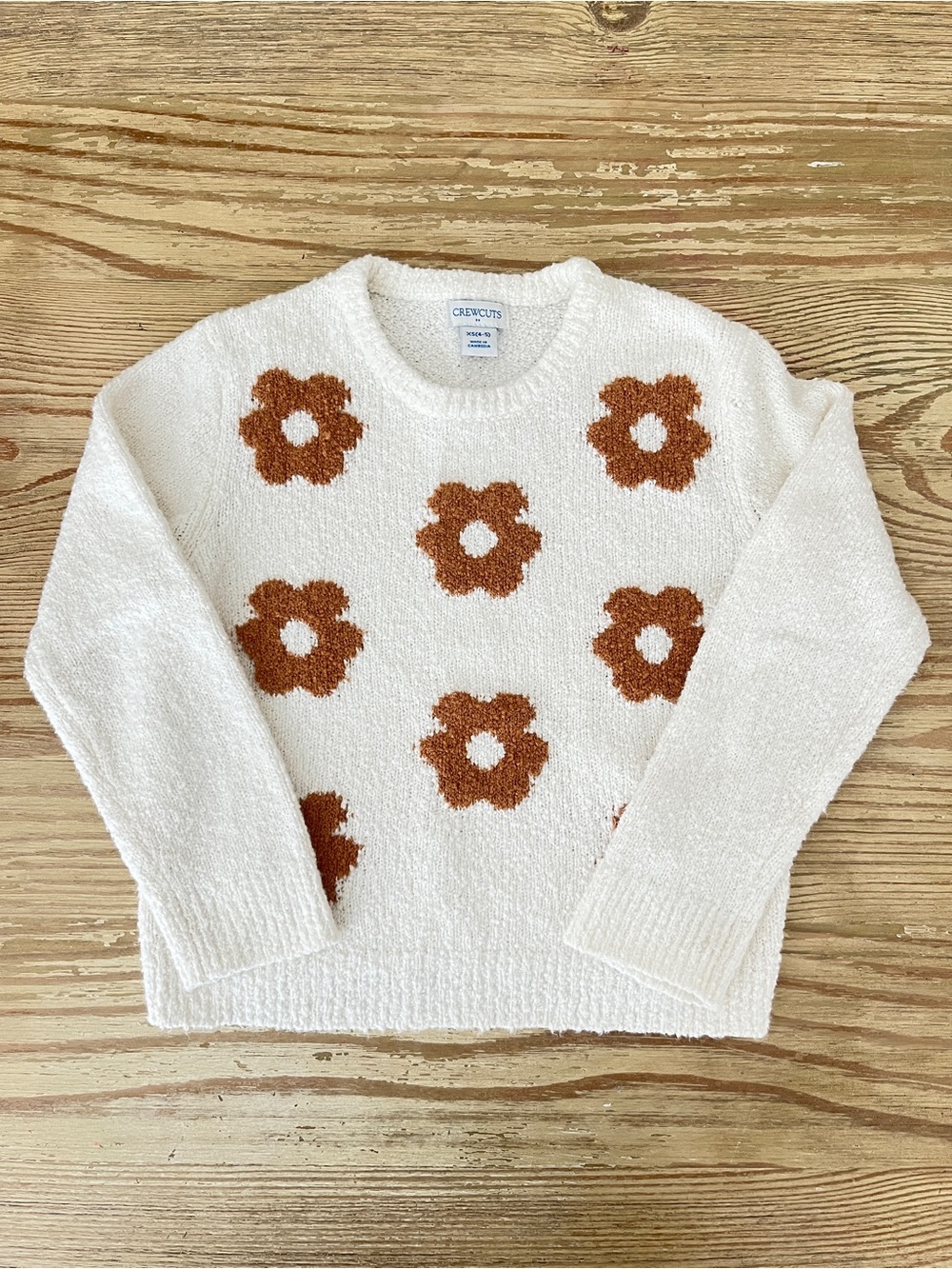 Crewcuts Cream Plush Sweater with Brown Flower Motif